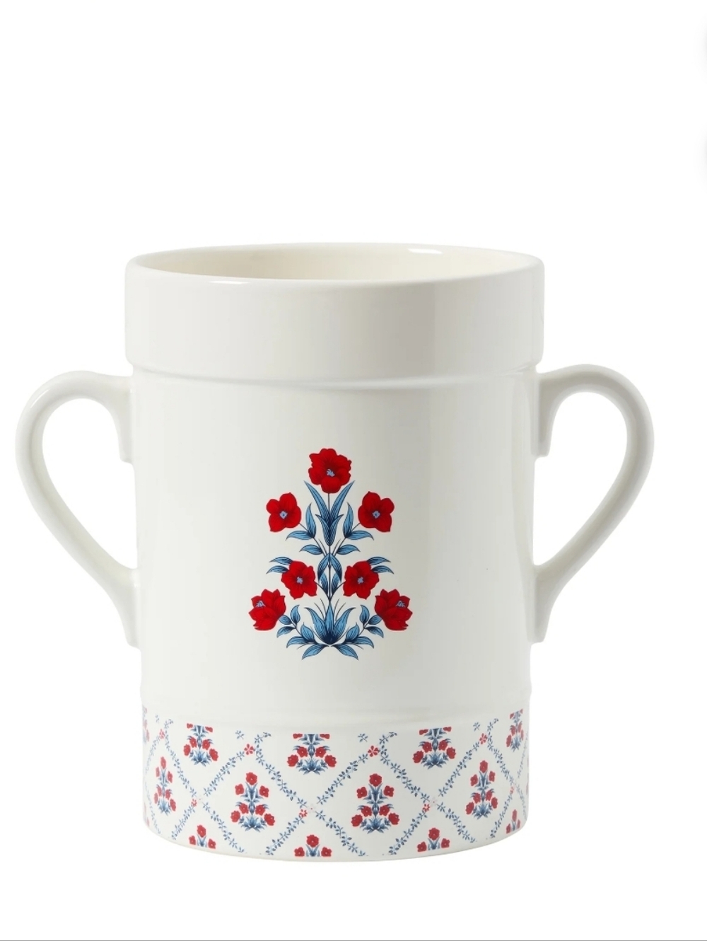 White Two-Handled Ceramic Crock with Red & Blue Floral Motif